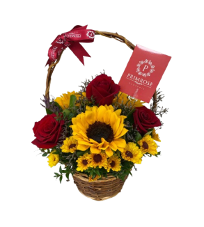 Canasta 3 rosas y 3 girasoles