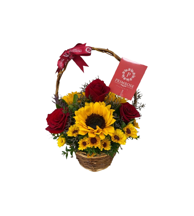 Canasta 3 rosas y 3 girasoles