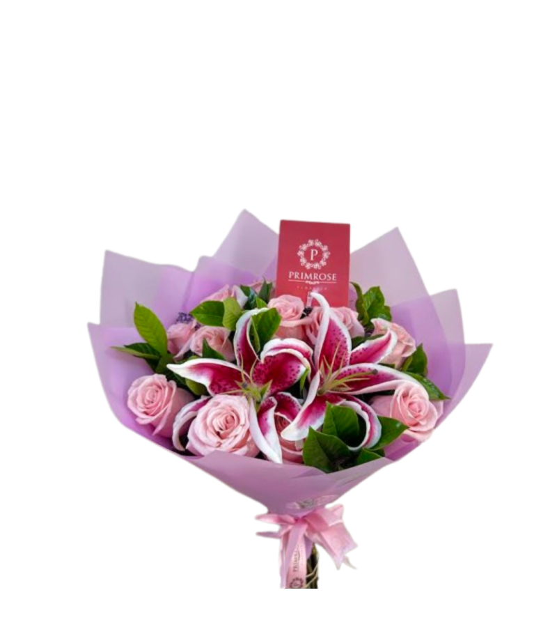 RAMO DE 12 ROSAS Y 2 FLOR DE LIRIO